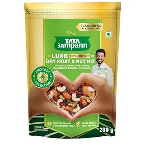 Tata Sampann Luxe Dry Fruit & Nut Mix, 200g, Source of Protein, Magnesium & Phosphorus, Rich in Dietary Fiber, Flavourful & Crunchy Snack, Almonds, Cashews, Green Raisins, Black Raisins, Pistachios, & Cranberries