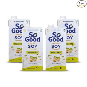 So Good Plant Based Soy Beverage Unsweetened 4 L (4 x 1000 ml) | Lactose Free | No Added Sugar | Gluten Free | No Preservatives | Zero Cholesterol | Dairy Free |NON GMO Soybean