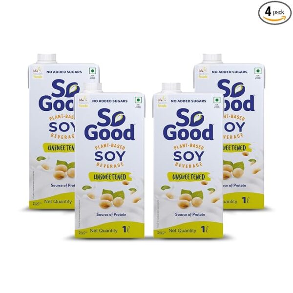 So Good Plant Based Soy Beverage Unsweetened 4 L (4 x 1000 ml) | Lactose Free | No Added Sugar | Gluten Free | No Preservatives | Zero Cholesterol | Dairy Free |NON GMO Soybean