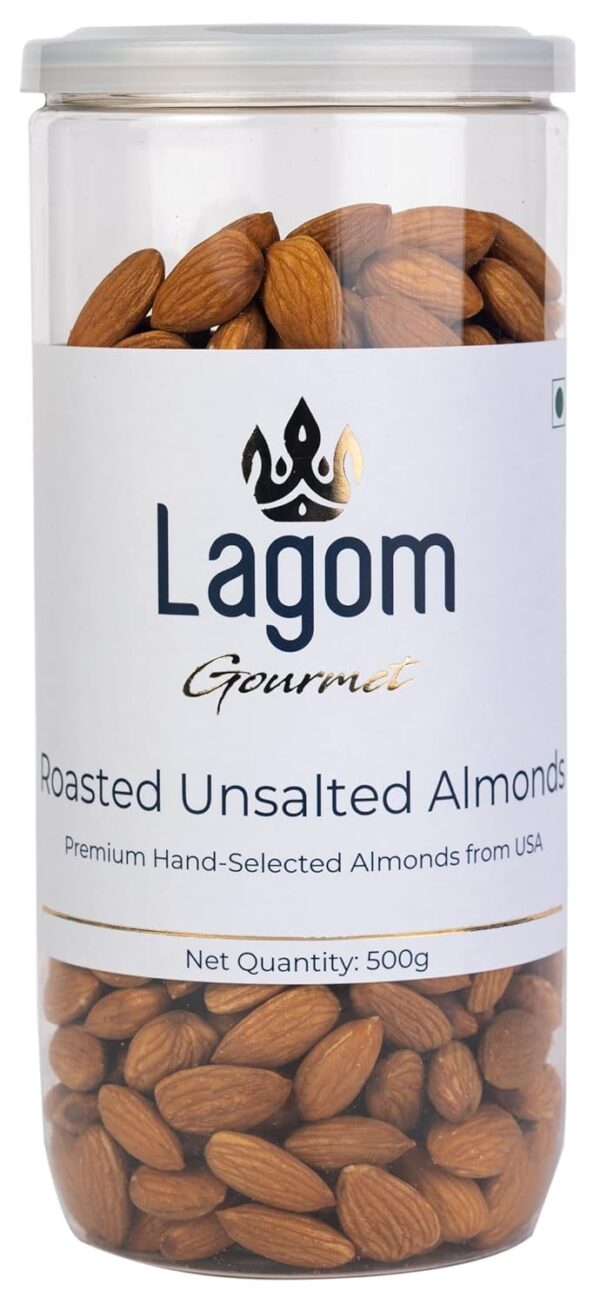 Lagom Gourmet Roasted Unsalted Almonds 500g | No Salt | No Oil Used | Dry Roasted To Perfection | No Preservatives | No Artificial Flavors | Gluten Free | Vegan | Non GMO | Nuts Dry Fruits | Badam