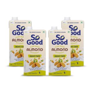 So Good Plant Based Almond Beverage Unsweetened 4 L (4X 1000 ml)| Lactose Free | No Added Sugar |Gluten Free | No Preservatives | Zero Cholesterol | Dairy Free| Source of Calcium & Vitamins