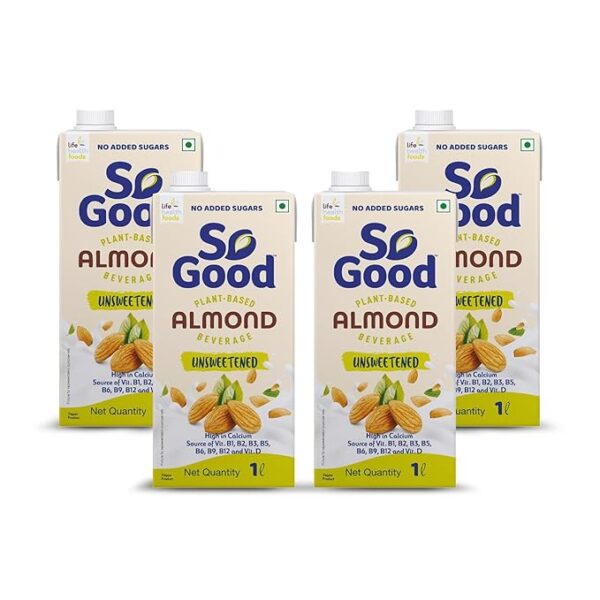 So Good Plant Based Almond Beverage Unsweetened 4 L (4X 1000 ml)| Lactose Free | No Added Sugar |Gluten Free | No Preservatives | Zero Cholesterol | Dairy Free| Source of Calcium & Vitamins