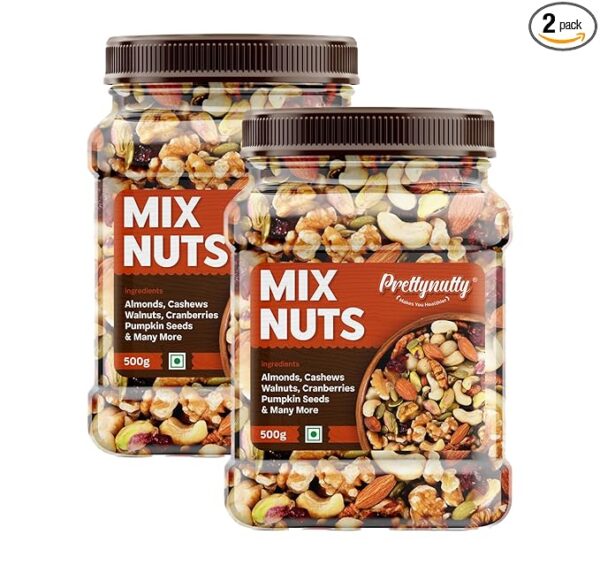 PrettyNutty Healthy Nutmix 1kg, Dried Almonds, Black Raisins, Cashewnuts, Cranberries, Green Raisins, Walnut Kernels & Many More. Pack of 2 (500g Each Jar)