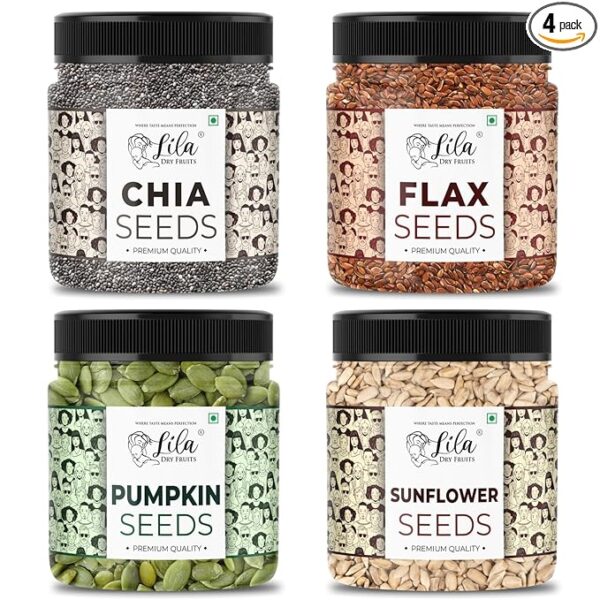 LILA DRY FRUITS 4 Superseed Combo (Chia, Pumpkin, Sunflower & Flax) 250gms each (1kg total) Jar Pack |Immunity combo for Weight Loss | Mix Seeds for Eating | Diet Snacks | Superfood