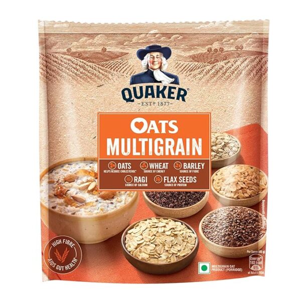 Quaker Oats Multigrain 600g, Rolled Oats, with Ragi, Barley, Flax seeds, and Wheat, Source of Energy, Calcium, Protein & Fibre, Dalia