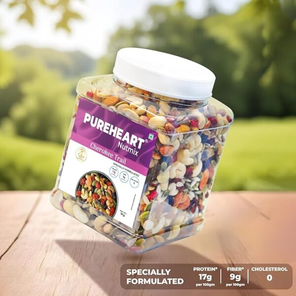 Pureheart Cherokee Premium Trail Mix | An Eclectic Mix of 8 Healthy Superfoods Nuts- Cashews, Almonds, Pistachio | Dry Fruits - Cranberries, Raisins | Seeds - Pumpkin, Sunflower | Reusable Jar (1000g) - Image 2