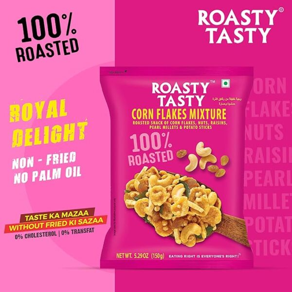 Roasty Tasty Cornflakes Mixture Roasted Namkeen 340g | Palm Oil Free Snack | Replacement of Fried Namkeen & Bhujiya | Ideal Millet Namkeen | Low Calorie Snacks - Roasted Namkeen - No Cholesterol, No Transfat Diet Mixture Millet Snacks Items | Roasted Chivda Cornflakes - Image 3